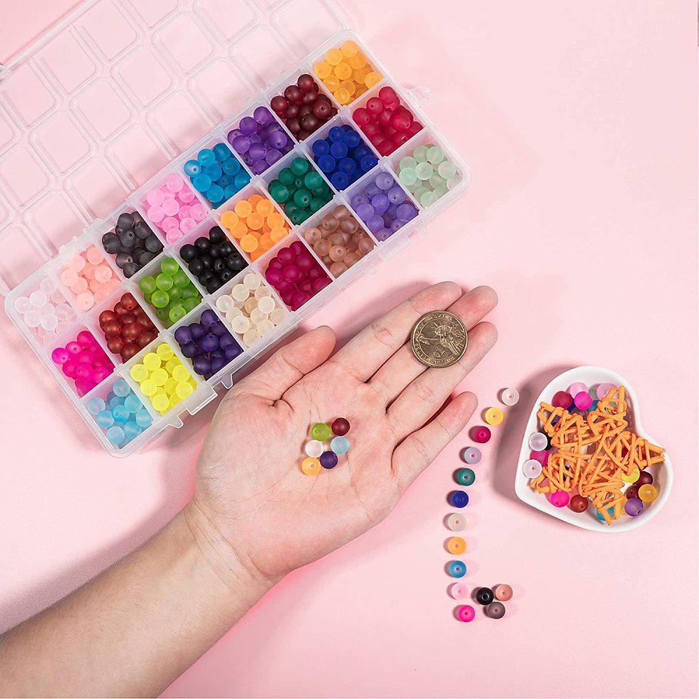 1Box 1 Box (about 480pcs) 24 Color 8mm Frosted Transparent Round Glass Beads Assortment Kits For Jewelry Making Hole: 1.3-1.6mm