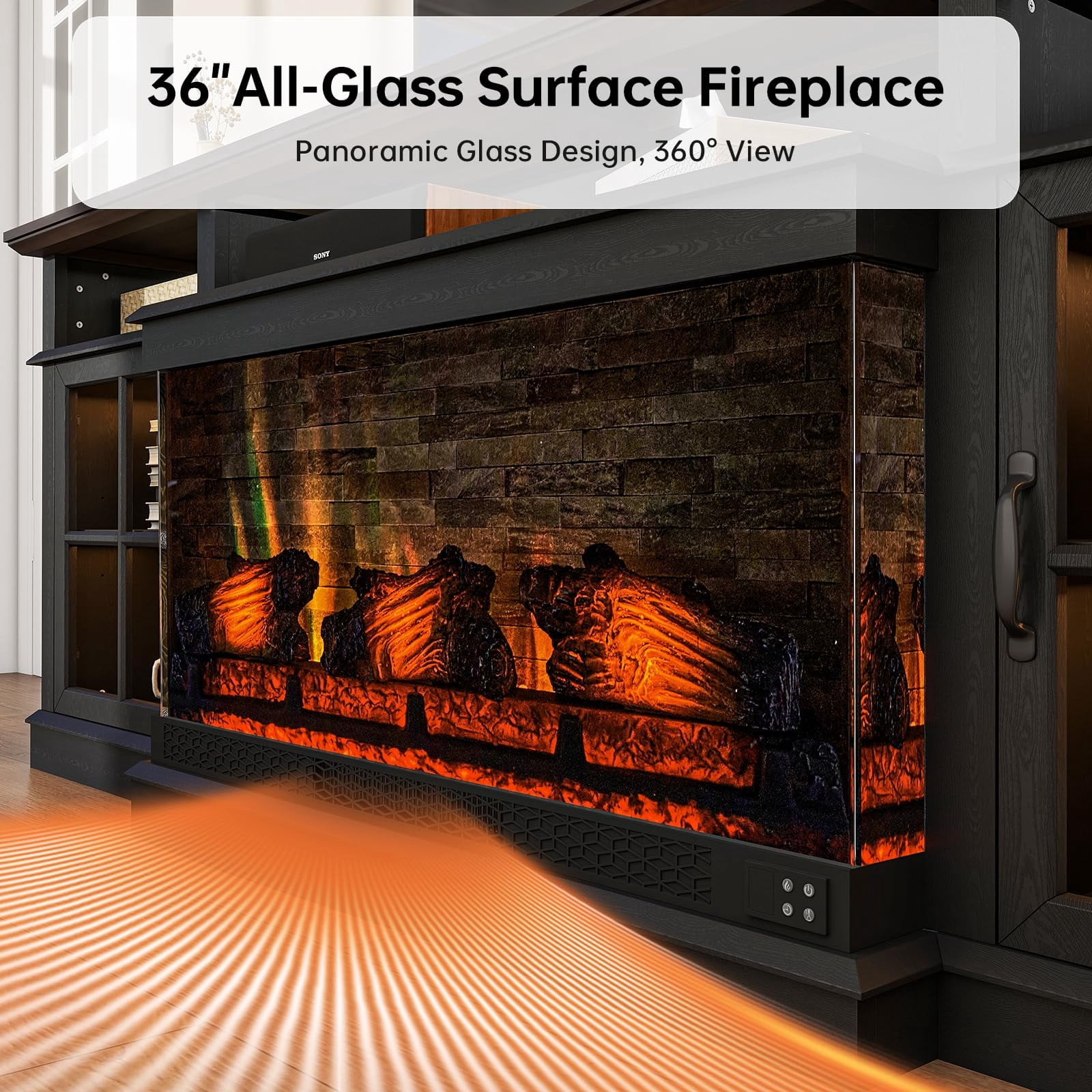 Sonegra 36 Inch Fireplace TV Stand with LED Light, Entertainment Center with 3-Sided Glass Fireplace for TVs up to 80", TV Console, Black
