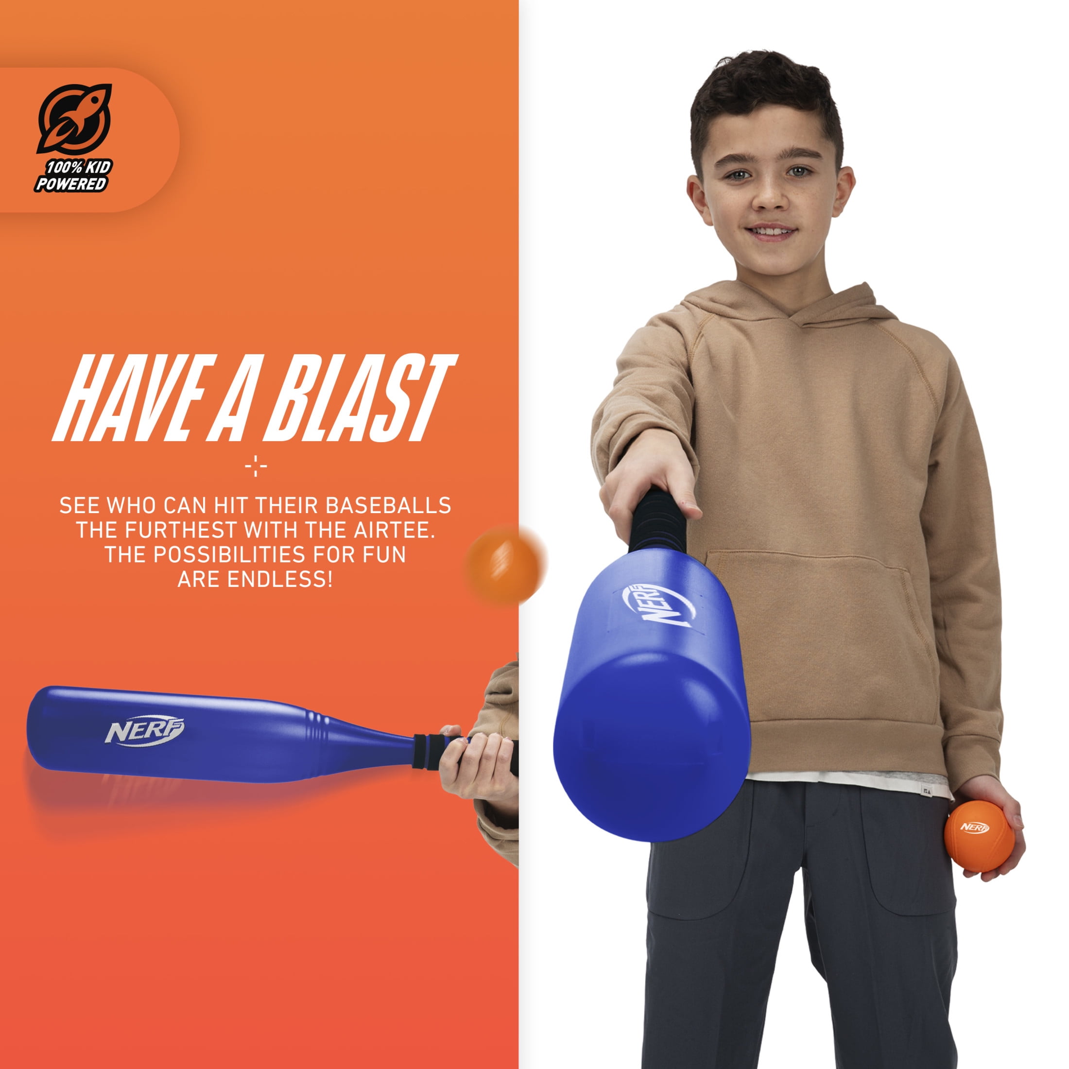 Nerf Airtee Kids Baseball Stomp Launcher Tee Set with 21 in Bat + Foam Balls