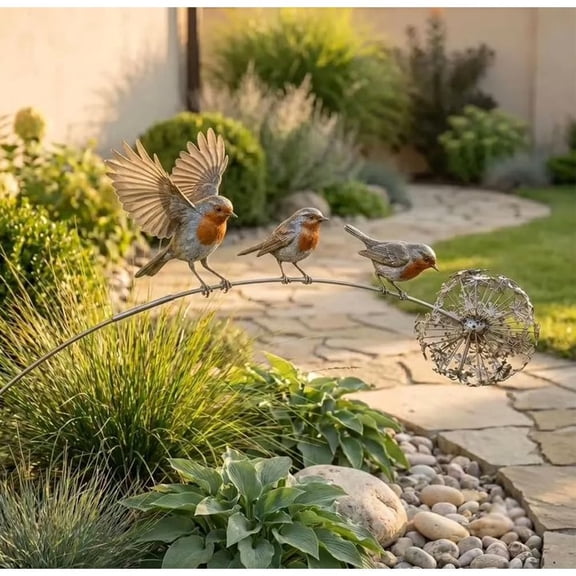 Robin Garden Stake With Dandelion, Rustic Metal Yard Art With Kinetic Birds, Outdoor Decor For Lawn Patio Flower Bed, Memorial Remembrance Gift For Garden Lovers (1PC)