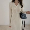 thumbnail image 3 of Suéter de punto Vintage de manga larga para mujer, vestidos ajustados, Bodycon coreano elegante, suéter de cuello en V con botones, vestido Midi para mujer, Otoño e Invierno, 3 of 3