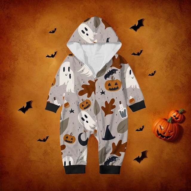 Family Halloween Pjs Matching Sets Halloween Print Long Sleeve Zippered One Piece Pajama Hooded Jumpsuit Winter Halloween Pjs Family Set
