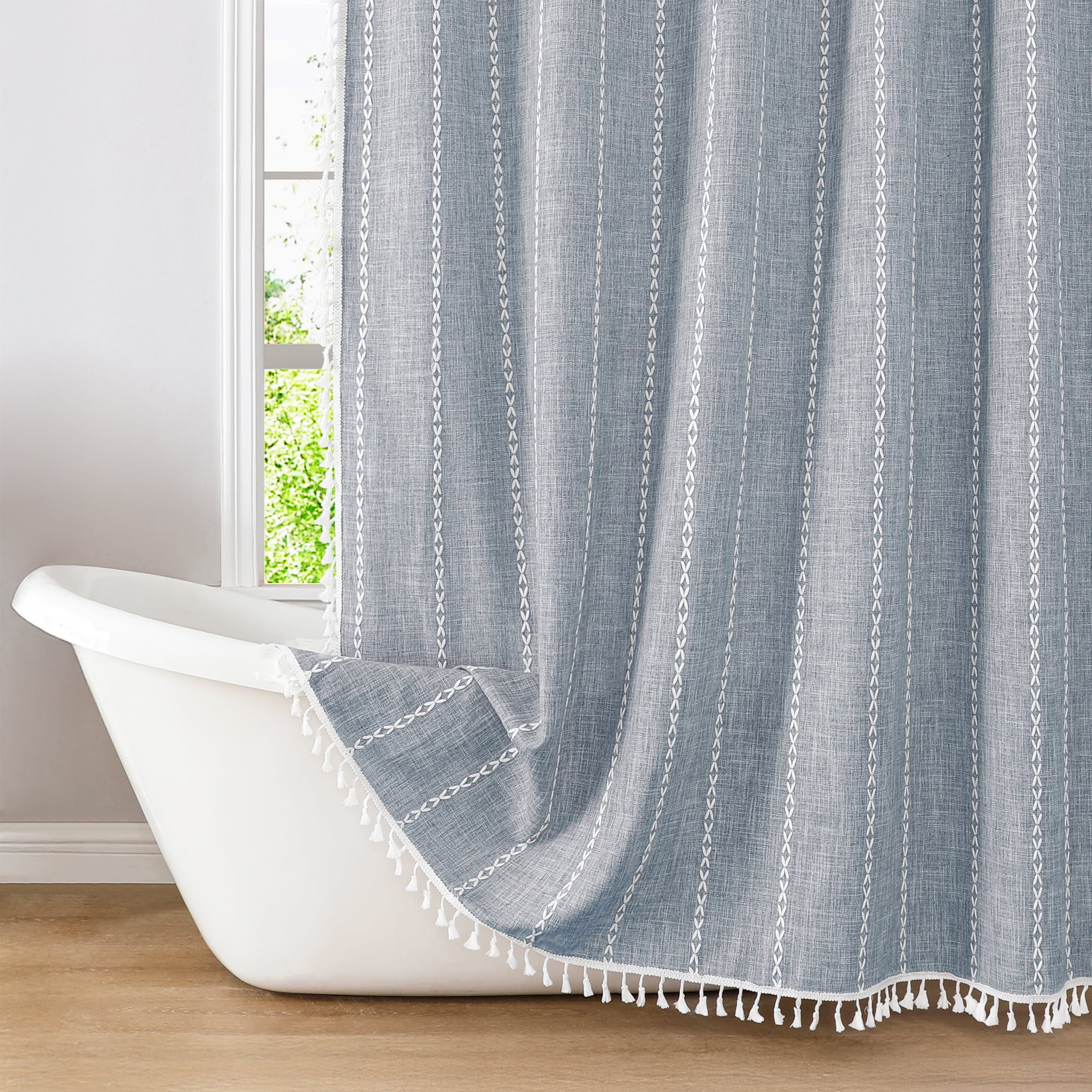 Americanflat 71x71 Woven Linen Blue Shower Curtain with Tassel Accents - Includes 12 Grommets and Hooks - 100% Polyester