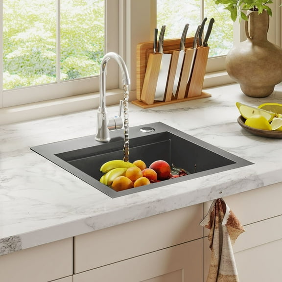 Uforic Drop-in Gunmetal Black Kitchen Sink Workstation with Cutting Board & Accessories, 15x15x9 in