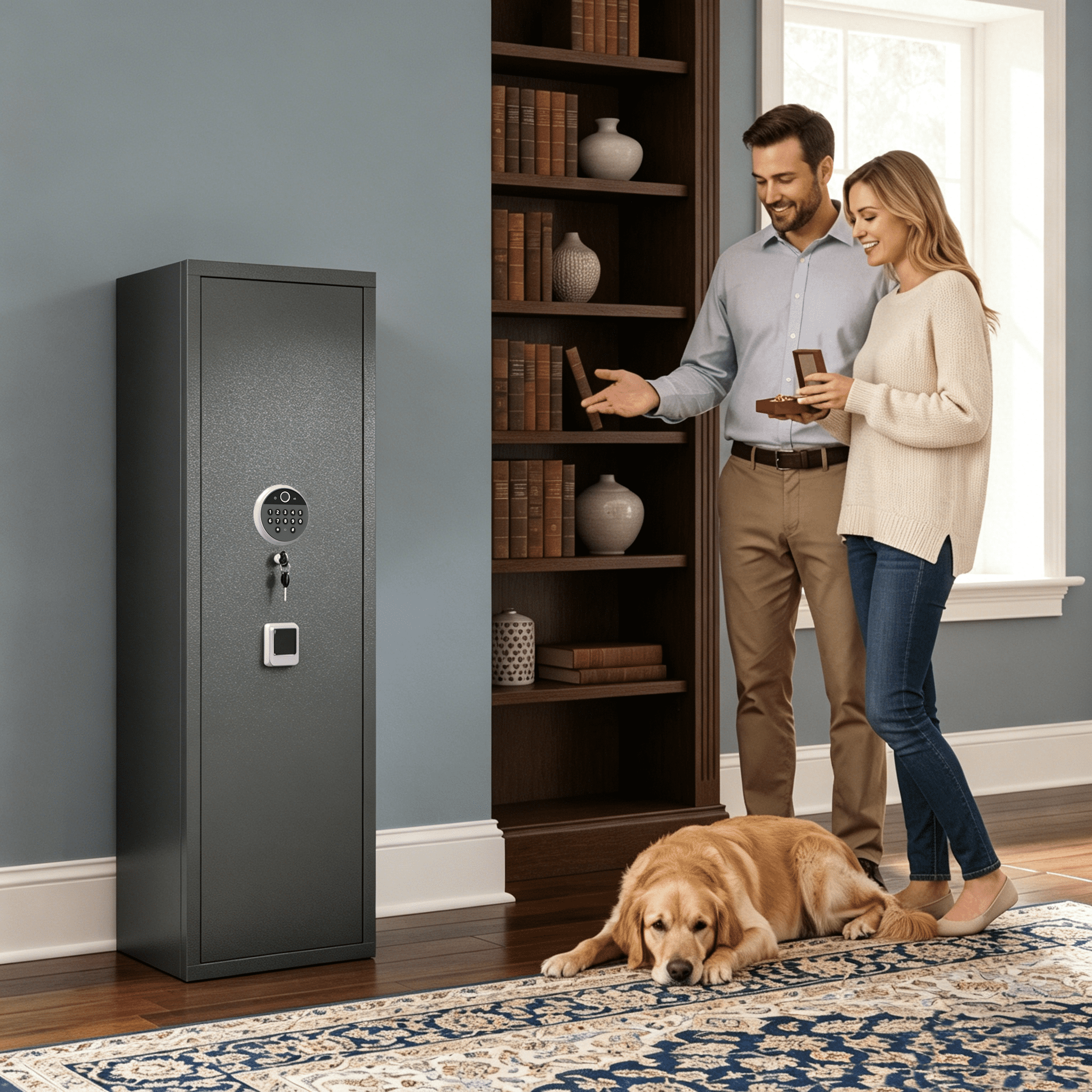 52" Tall Black Rifle Safe, Biometric & Keypad Lock, Adjustable Gun Racks with Built-in Alarm System