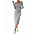 thumbnail image 2 of Women'S Autumn Dress 2 Long Sleeve Square Neck Knit Midi Beach Resort Dress Slit Slim Maxi Dress Grey XL, 2 of 8