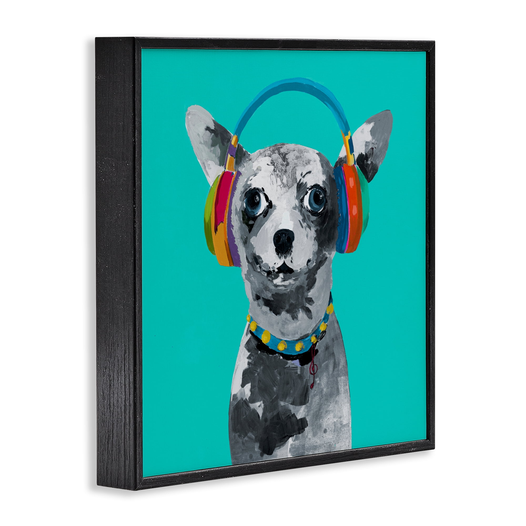 Stupell Industries Jammin' Pup on Blue Black Framed Giclee Art, design by Lorenzo Collective