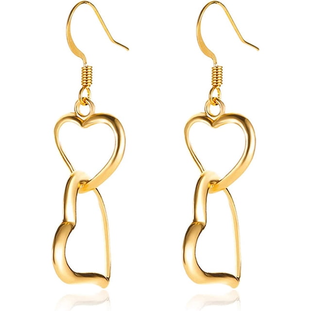 Pendientes con capas de corazón de doble amor para niñas, elegantes, chapados en oro y plata, cuelgan con ganchos, joyería, regalos de cumpleaños para mujeres, novia, oro -