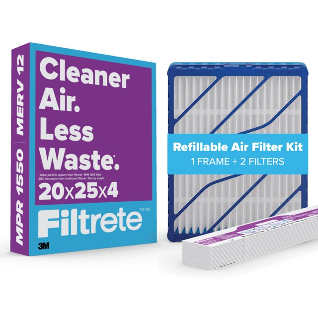 Filtrete 20x25x4 Refillable Air Filter Starter Kit, MPR 1550, MERV 12, 1 Reusable Air Filter Frame & 2 Air Filters, Fits Honeywell & Lennox, Allergen Bact