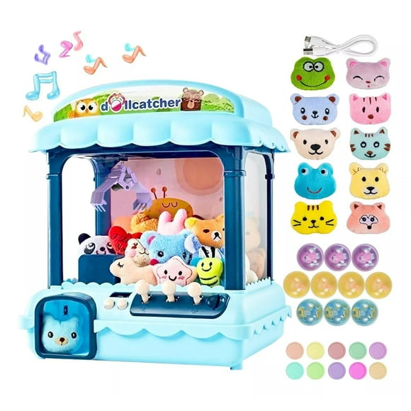 Máquina de Garras Para Niños, Maquina de Peluches Mini, con Luz, 10 Peluches y 10 Pelotitas, Azul