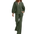 thumbnail image 2 of MLCDZ Elegant Cotton Linen 2 Piece Outfits for Women Long Puff Sleeve V Neck Blouse with Straight Leg Pants Business Casual Sets with Pockets, 2 of 7