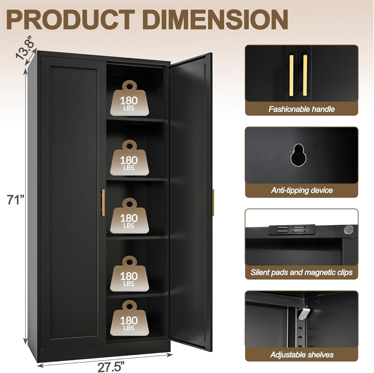CJF Modern Metal Kitchen Pantry Cabinet, 71" Tall Lockable Storage Cabinet with 2 Doors & 4 Adjustable Shelves, Black