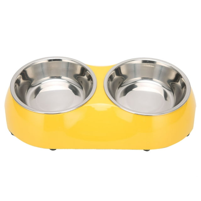 Cuencos dobles antideslizantes de acero inoxidable para mascotas, alimentador de agua para alimentos domésticos para mascotas medianas y pequeñas (S amarillo)