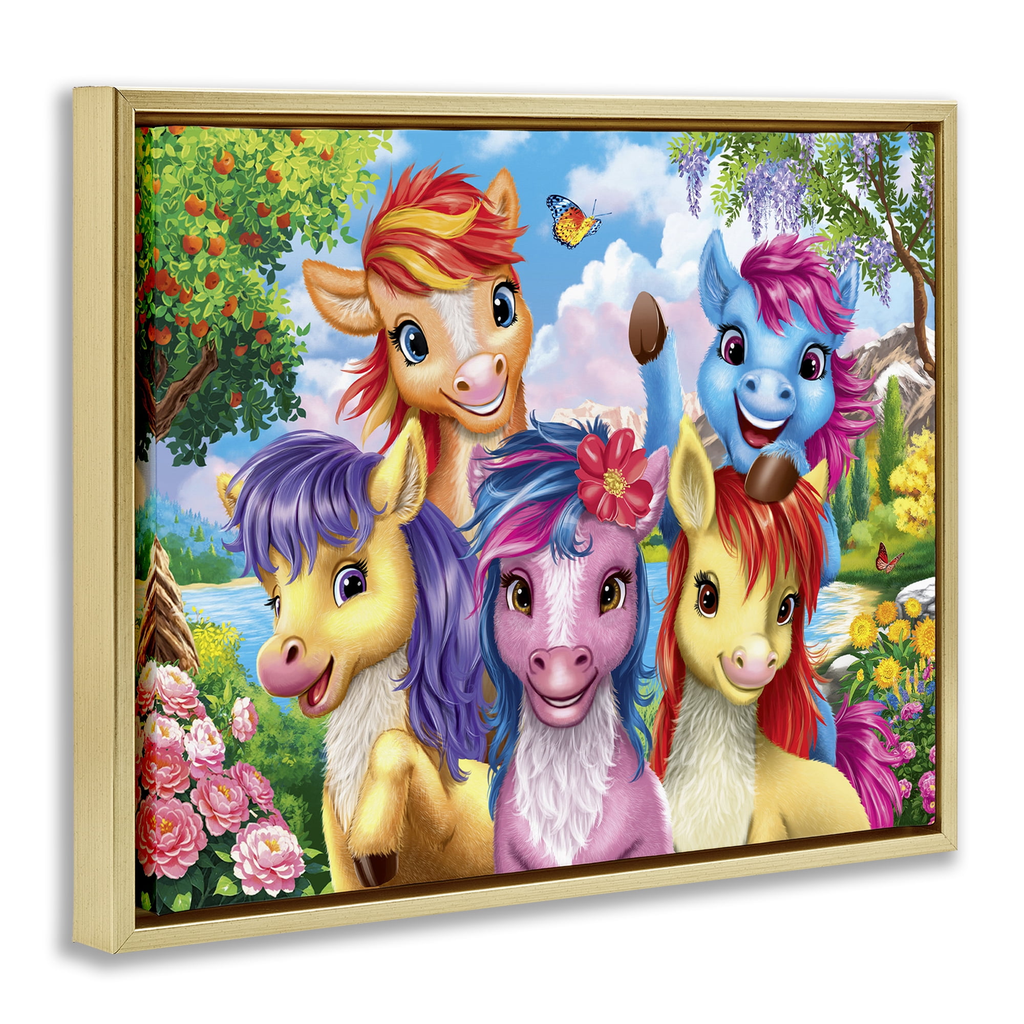 Stupell Industries Bright Ponies Selfie Fantasy & Sci-Fi Painting Gold Floater Framed Canvas Art Print Wall Art, 21 x 17
