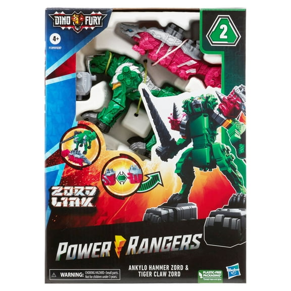 Power Rangers Dino Fury Pink Ankylo Hammer and Green Tiger Claw Zord Action Figure Set, 12 Pieces