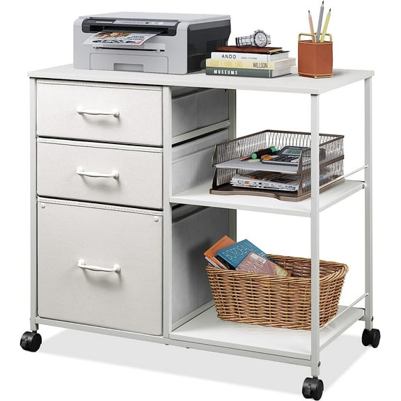 CRXX 3 Drawer Mobile File Cabinet, Rolling Printer Stand with Open Storage Shelf, Fabric Lateral Filing Cabinet fits A4 or Letter Size for Home Office, White