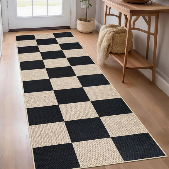 Easy Jute Rug Runner 2x6 Checkerboard Indoor Outdoor Carpet Runner, Non-Slip Contemporary Bedside Rug, Machine Washable Plaid Floor Cover for Hallway, Laundry, Backyard, Black Jute