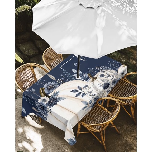 Outdoor Tablecloth with Umbrella Hole, Happy Fall Words White Pumpkins Zippered Table Cloth for Rectangle Tables, Country Blue Flowers Washable Waterproof Tablecloths for Picnic Patio Garden