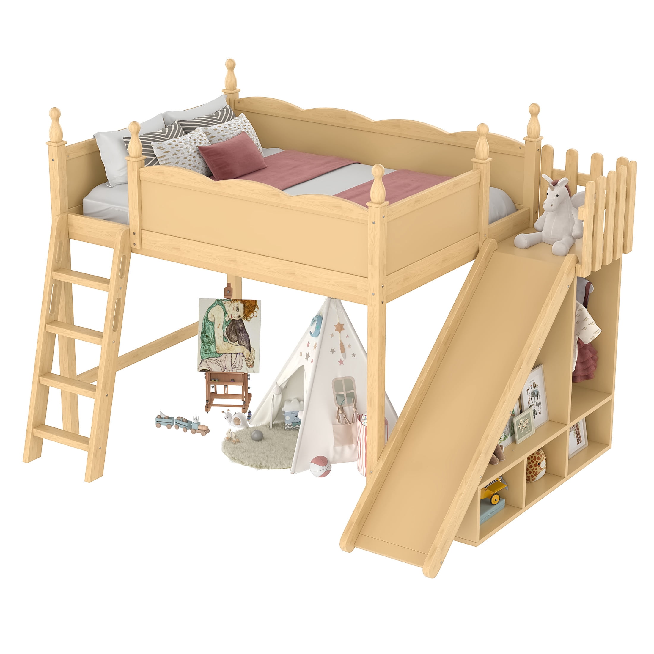 Noble House Full Loft Bed with Storage Shelves, Detachable Slide and Ladder, Natural