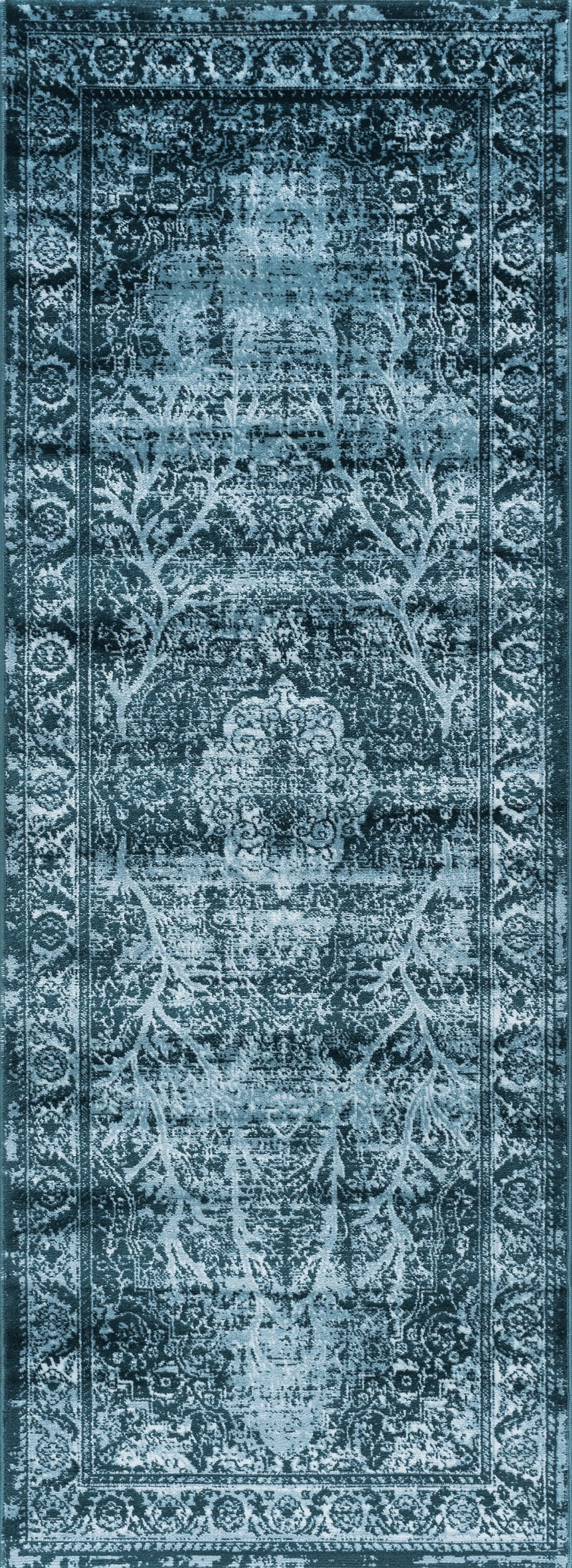 Transitional 3x8 Area Rug (2'7'' x 7'3'') Oriental Blue, Ecru Indoor Runner Easy to Clean
