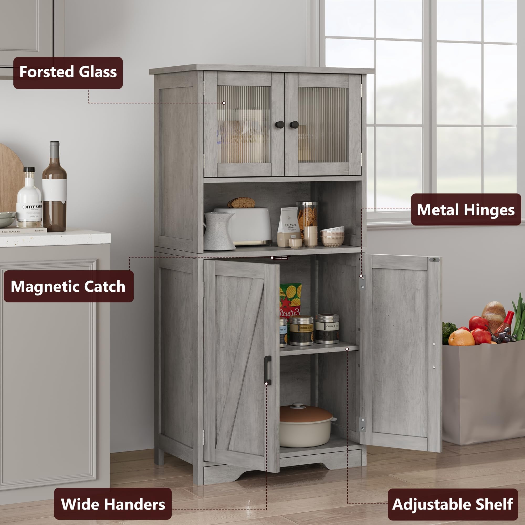 50.4in Tall Bathroom Cabinet, Farmhouse Storage Cabinet with Glass Doors and Adjustable Shelves, Freestanding Kitchen Pantry Cabinets, Cupboard for Living Room, Dining Room