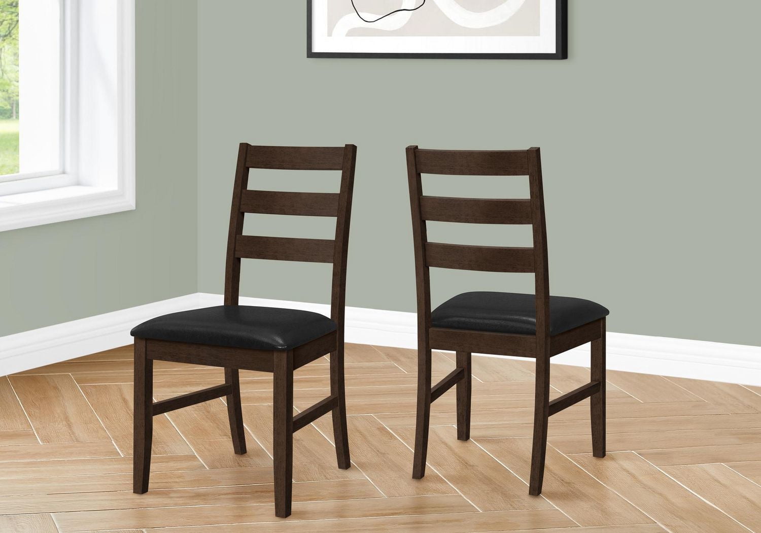 Monarch Specialties Dining Chair, Set Of 2, 37" Height, Kitchen, Dining Room, Side, Upholstered, Brown Leather Look, Brown Solid Wood, Transitional