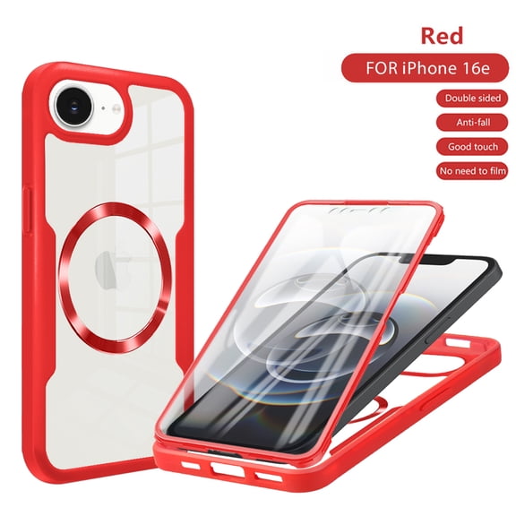 Lunvic Case for iPhone 16e/17e, Double-Sided Full Body Case with Built-in Screen Protector, Compatible with MagSafe, Clear PC Back Heavy Duty Cover, Red