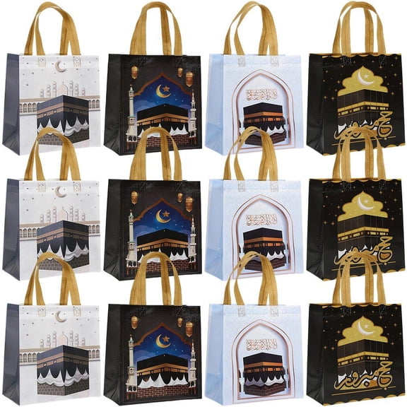 Jiibva 12Pcs Umrah Mubarak Gift Bag, Ramadan Mubarak Tote Bags with Handles, Eid Mubarak Party Bag, Non-Woven Eid Bag for Party Supplies Decorations