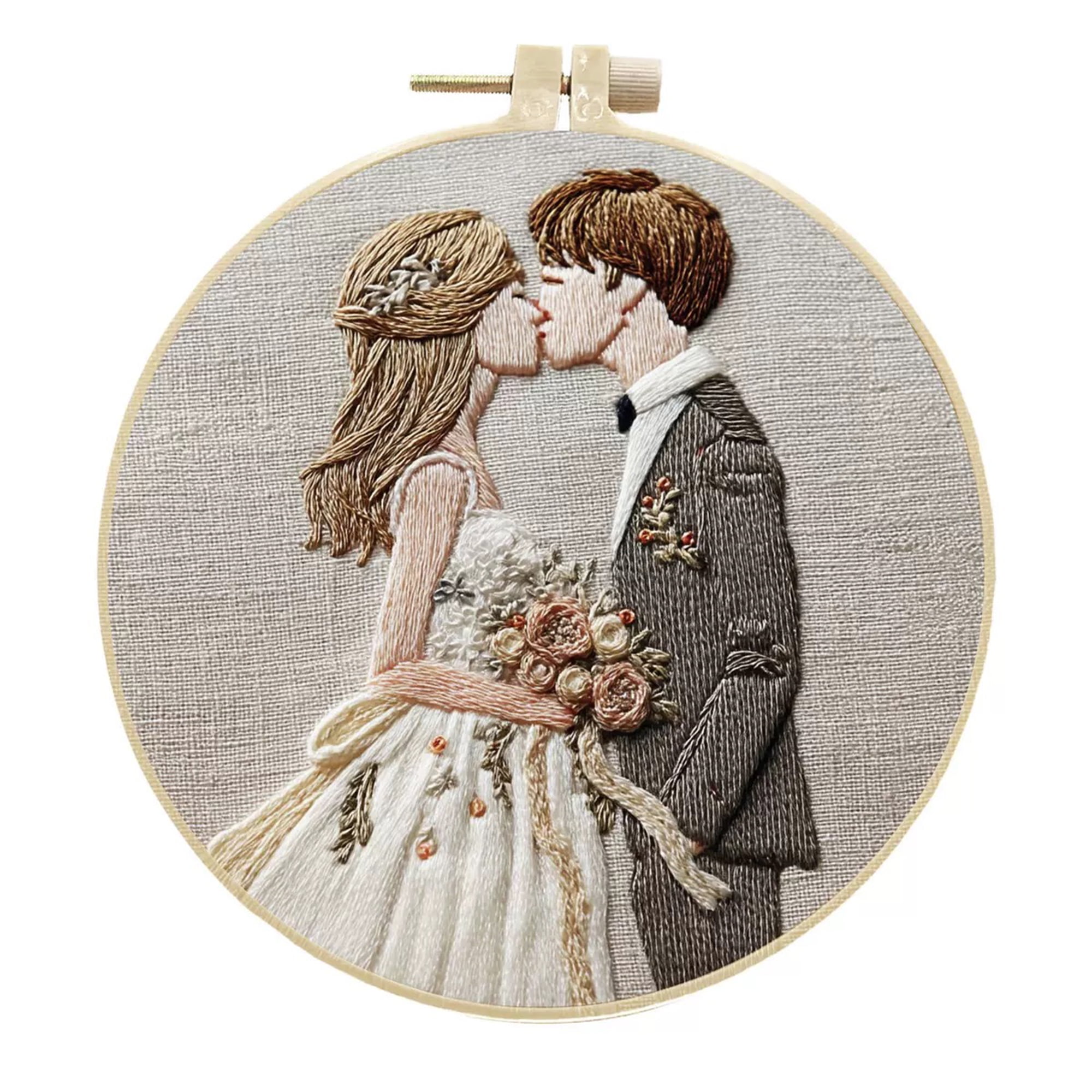 4‑Pack Wedding Embroidery Kits for Newlyweds DIY Cross Stitch Kit Bride & Groom Kissing Design Hoops Threads Patterns Gift Set
