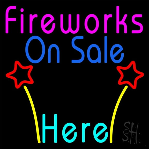 Fireworks On Sale Here LED Neon Sign 24 x 24 - inches, Clear Edge Cut Acrylic Backing, with Dimmer - Bright and Premium built indoor LED Neon Sign for special occasion decor.