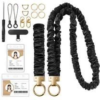 Scrunchie Lanyard with ID Holder & Keychain Wristlet, 30in Stretchy Teacher Lanyard for Badges, Includes 4 Card Holders & Metal Hooks, Black