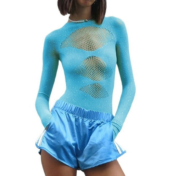 Women Long Sleeves Mesh See Through Jumpsuit Bodysuit Top Leotard Blue One size