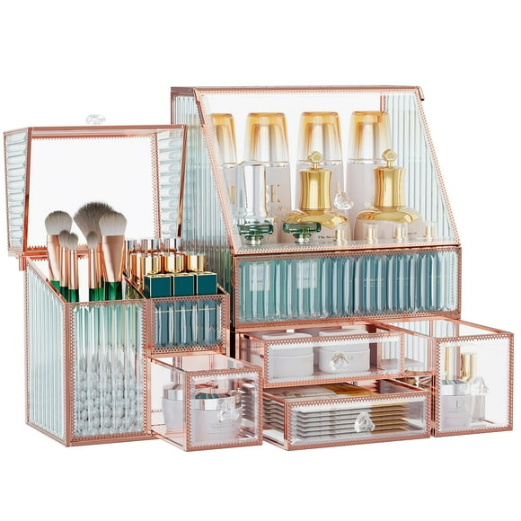 Youdepot Tempered Glass Makeup Organizer Countertop - Multi-Functional 3-in-1 Cosmetic Organizer for Skincare, Lipstick, Brushes - Vanity Organizer & Bathr