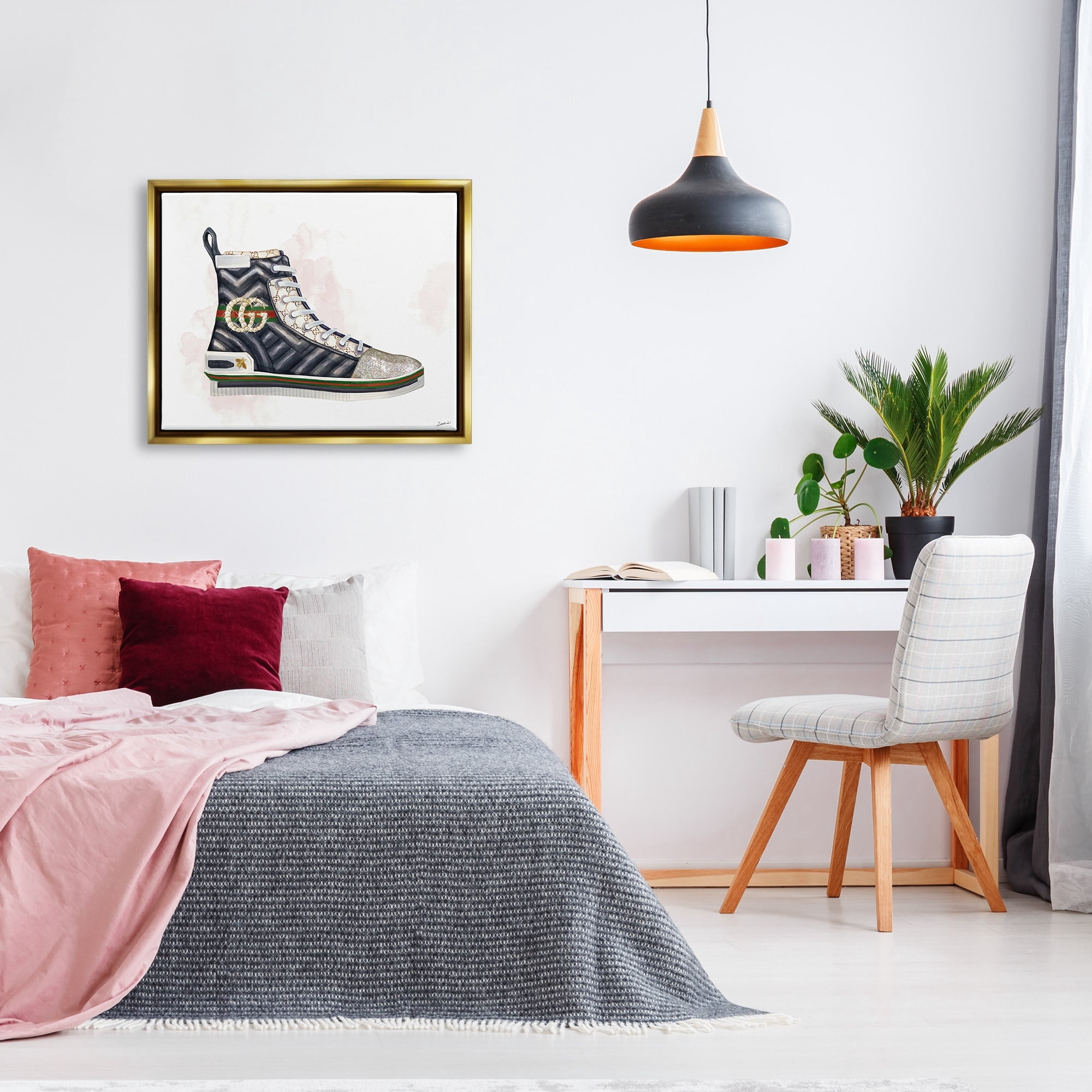Stupell Industries Fashion Forward Pleated Sneaker Designer Glam Style Metallic Gold Framed Floating Canvas Wall Art, 24x30, by Ziwei Li