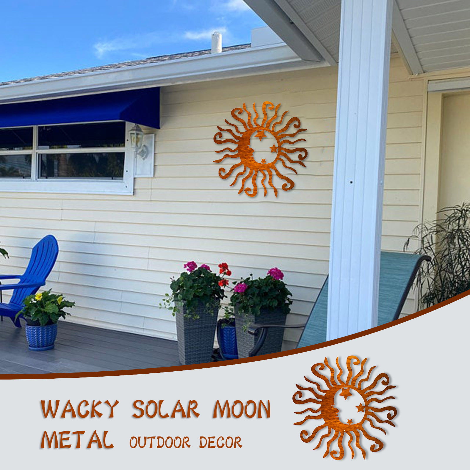 Wacky Solar Moon Stars Metal Wall Art Steel Outdoor Decor Vivid Celestial Sun Moon Star Metal Wall Decor per Giardino Solar Moon Wall Art Sculpture 