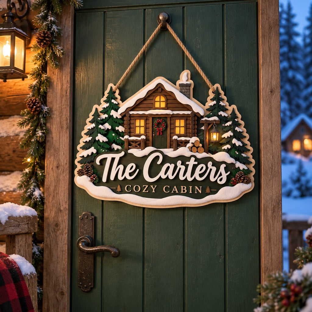 Personalized Snowy Cabin Pine Trees Wooden Sign Front Door New Home Gift