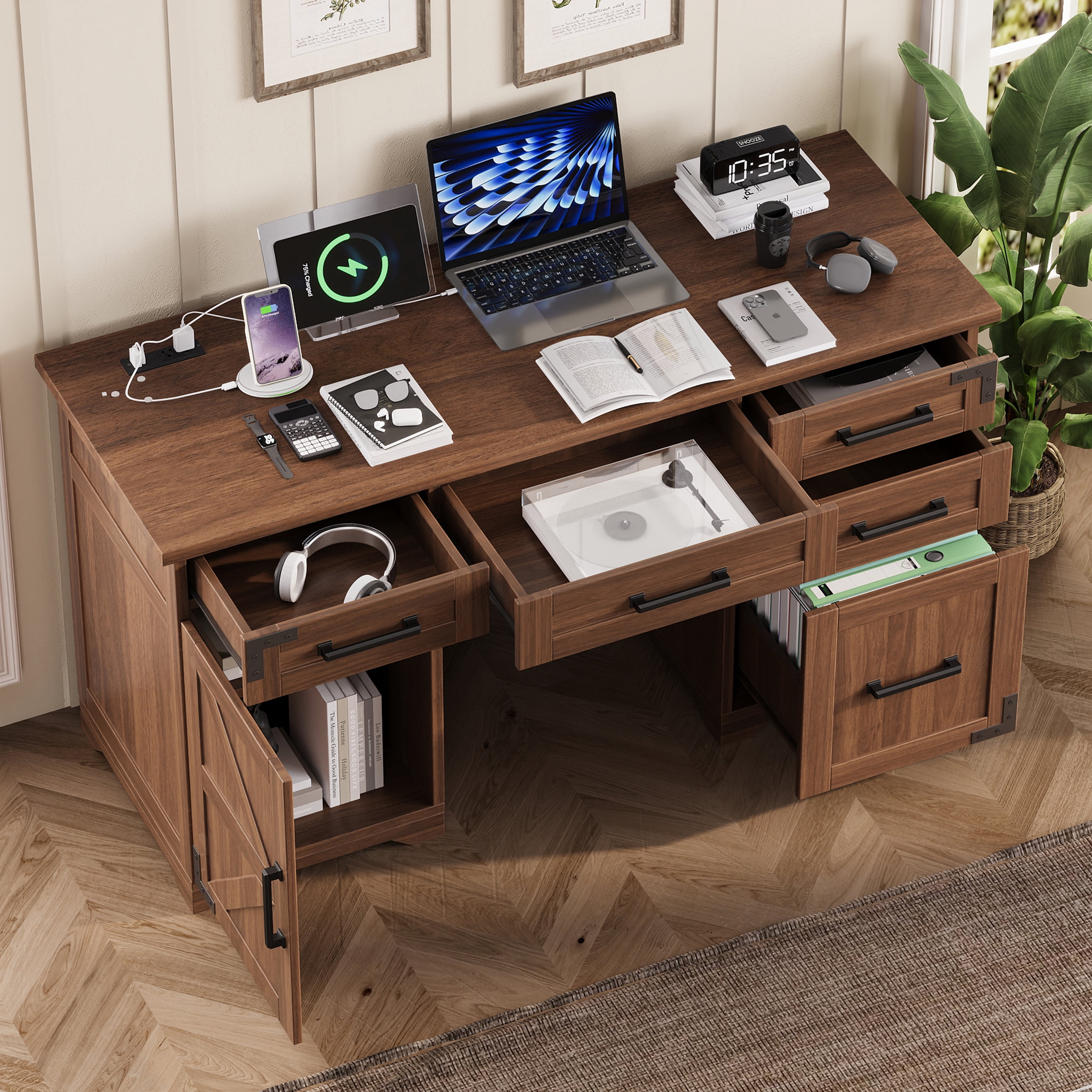 Aukfa 55" Farmhouse Executive Desk with Charging Station, Home Office Computer Desk with File Drawer & Storage Cabinet,Walnut