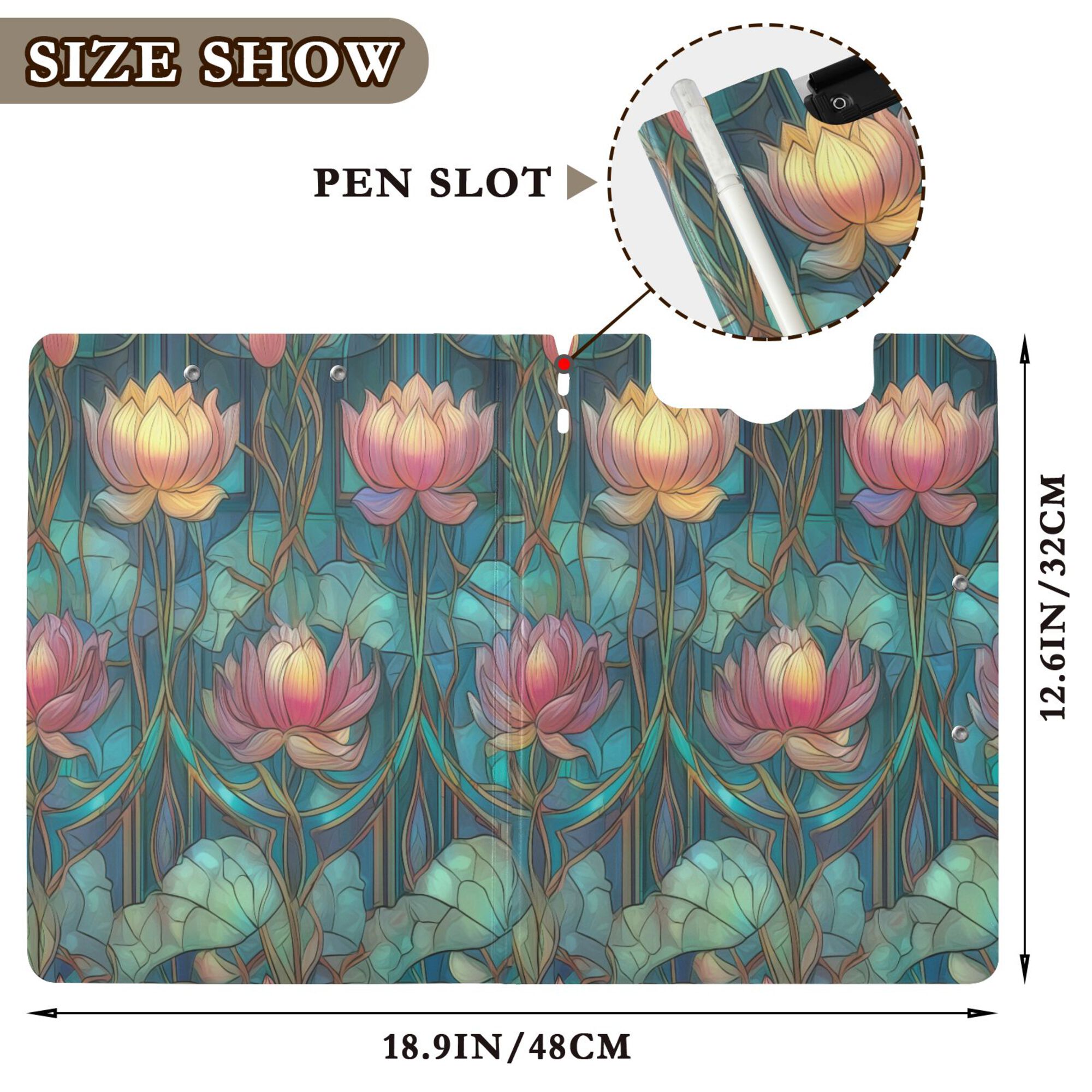 FORMRS A4 Clipboard Folder with Pen Holder Horizontal Foldable School Office Binder, Art Water Lilies Pattern