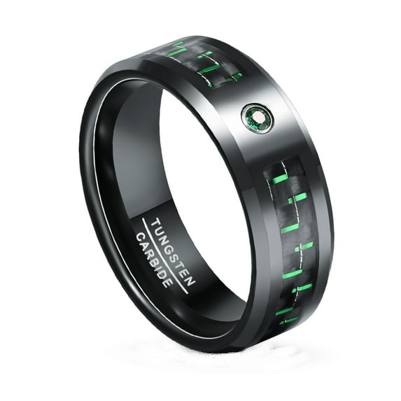 JQUEEN Men's 8mm Black Tungsten Carbide Rings with Green Zircon Engagement Rings Size 7-12