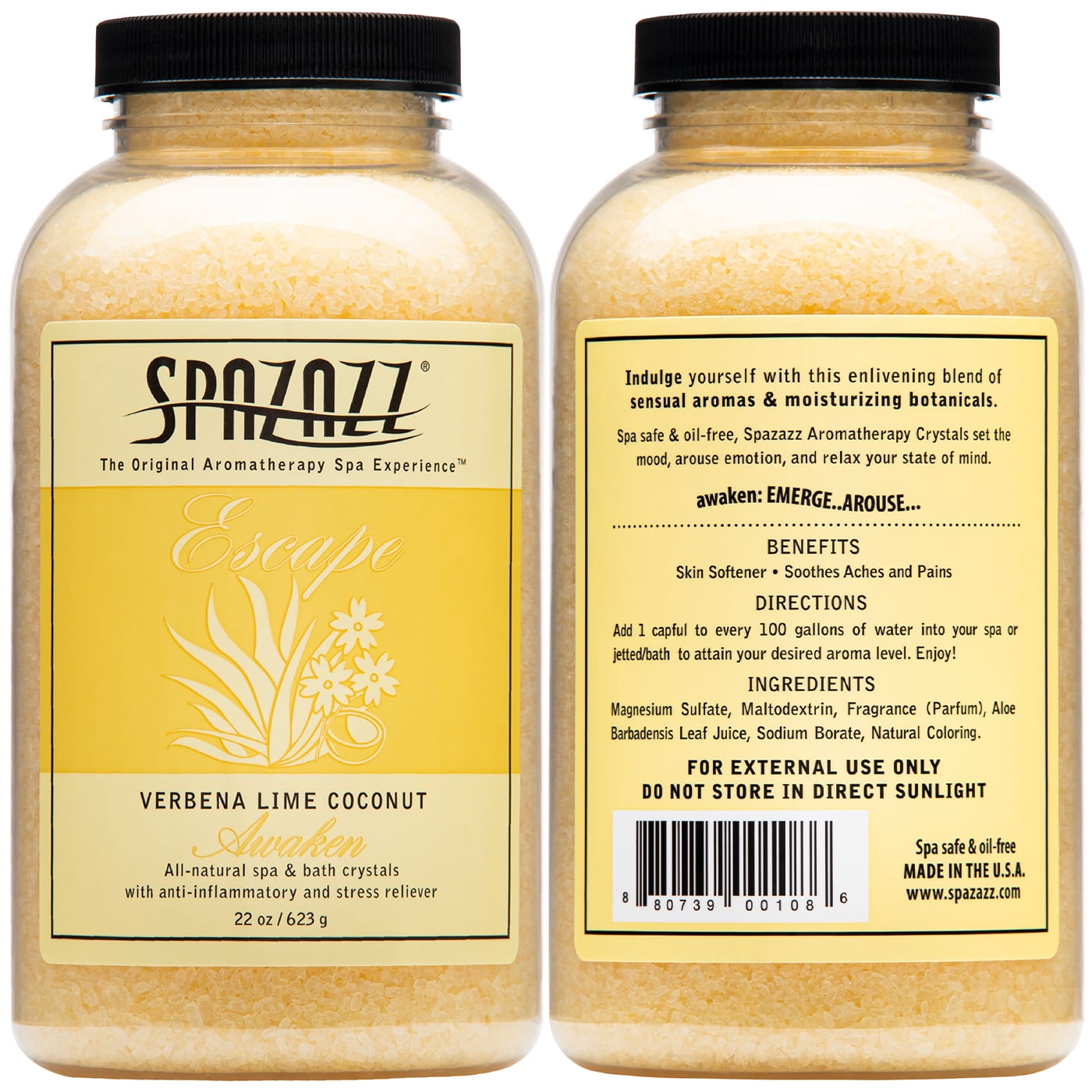 Spazazz Aromatherapy Escape Verbena Lime Coconut Awaken Spa and Bath Crystals 22 oz - Relaxing Soak for Hot Tubs & Bathtubs