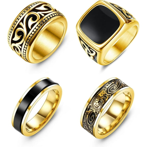 4Pcs Stainless Steel Vintage Signet Rings for Men   Ring Silver Gold Polished Edge Mens Rings for Men Jewelry Gift