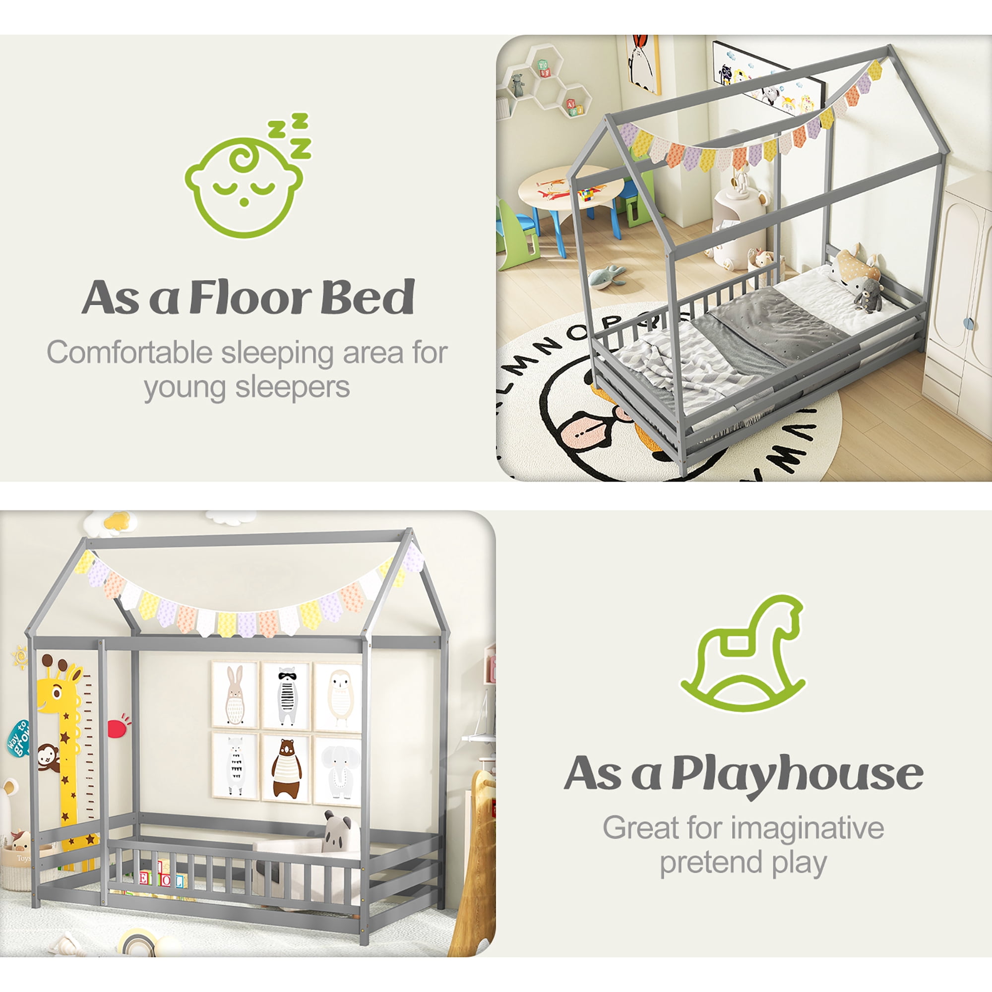 Gymax Twin Size House Bed w/ Roof & Full-length Safety Guardrail Playhouse Bed Frame Grey