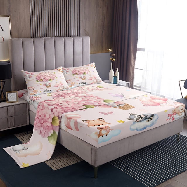 Ensemble de Draps Complet Rose pour Enfants Filles Draps de Lit Montgolfière Florale Rose Décoration de Chambre 4 Pcs, Draps Éléphant Renard Raton Laveur Mignon, Drap Plat et Drap-Housse Animaux de Dessin Animé