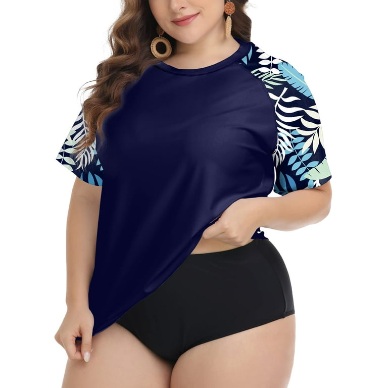 FOREYOND Plus Size Rash Guard for Women Short Sleeve UPF 50+ Sun Protection  Swimwear Swim Top Blue Leaves XXX 