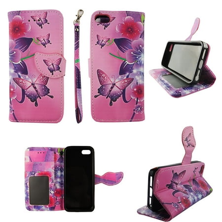Iphone 5s Pink Case Butterfly Flower Pink Wallet Folio Case for iPhone SE 5S 5 Fashion Flip PU Leather Cover Card Cash Slots & Stand ()