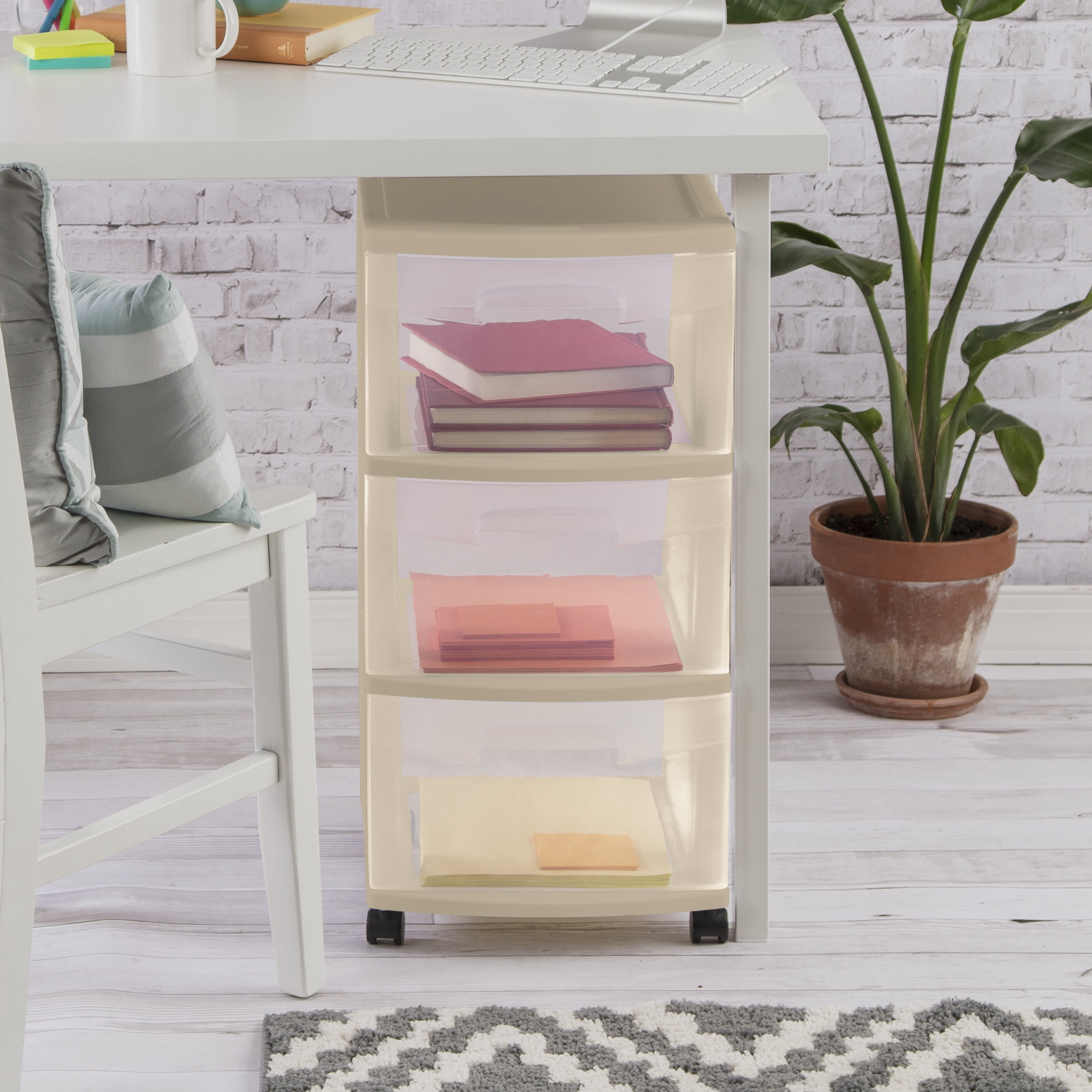 Sterilite 3 Drawer Cart Plastic, Papyrus Beige