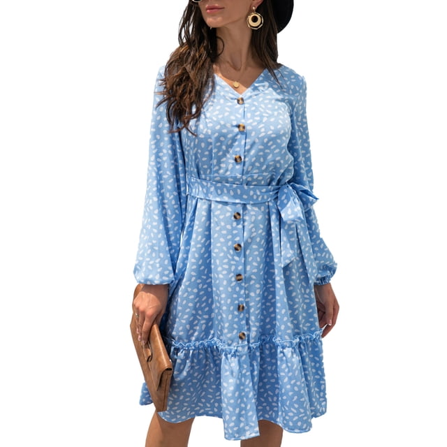 Vestido de mujer escote en V manga larga abombada cintura alta estampado de lunares vestido informal de moda para mujer azul claro S