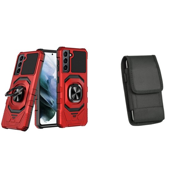 Case with Belt Holster Bundle for Samsung Galaxy S22 Plus: Heavy Duty Shield Cover (Red) and Vertical Nylon Phone Pouch