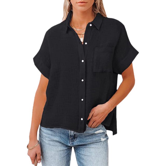 Parte Superior De La Moda Blusas básicas de algodón Ropa diaria de manga corta para mujer de corte holgado (negro L) Ygjytge para Mujer Negro T M