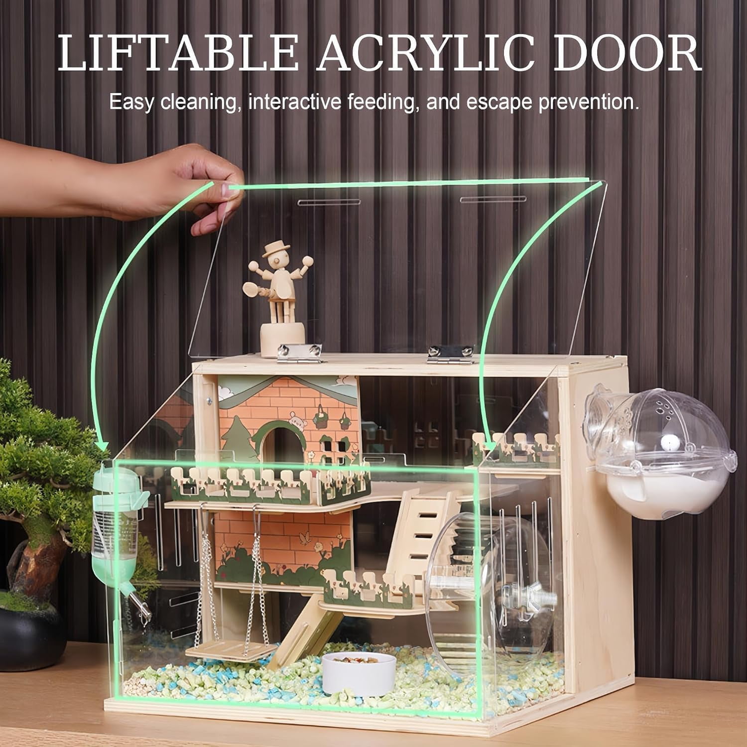 11 in 1 Wooden Hamster Cage with All Accories 15.8 Inch 3Layer Dwarf Hamster Cage Acrylic Small Animal Cages Pastoral Style Mouse Cage for Pet Mice Hedgehog with Stairs Fences and Swing